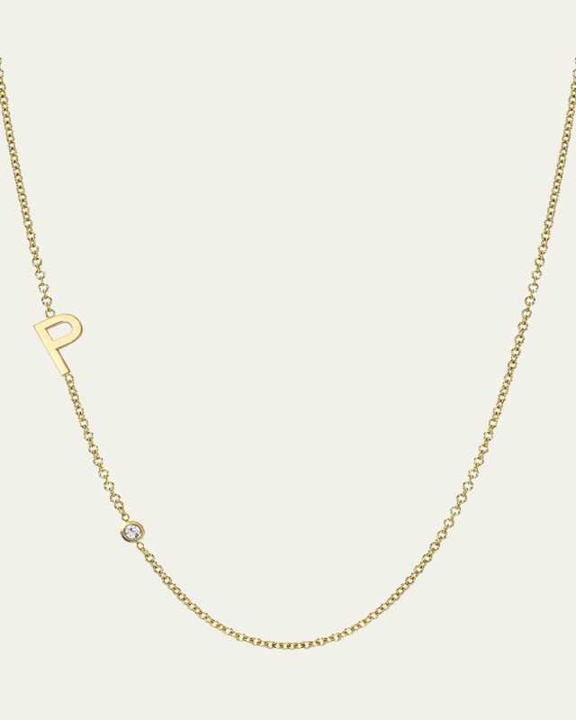 14k Gold Asymmetrical Initial and Bezel Diamond Necklace